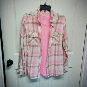 Croft & Barrow Soft Plaid Flannel & Thin Pink Cotton Scoop Neck Tee. Lg.